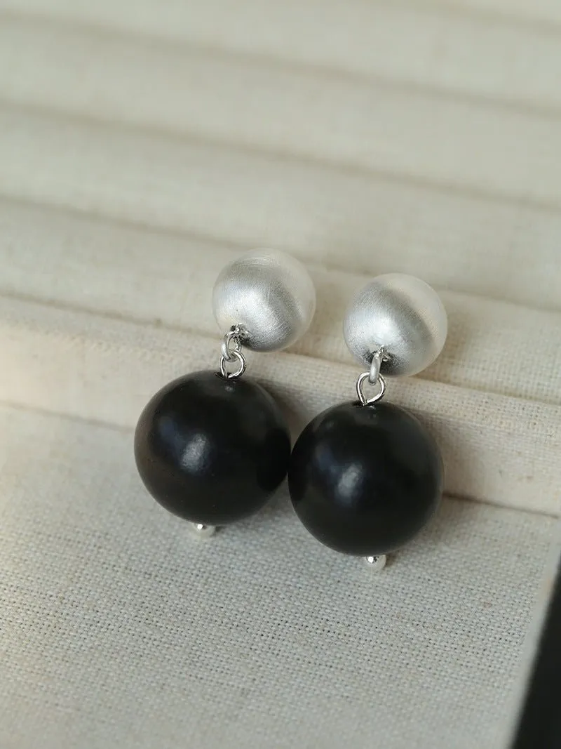 Brushed Ball Ebony Wood Round Bead Drop Earrings