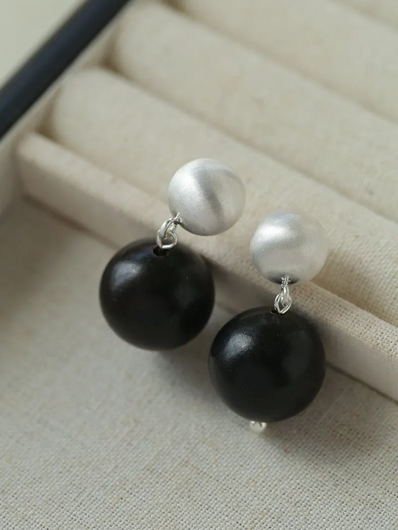 Brushed Ball Ebony Wood Round Bead Drop Earrings