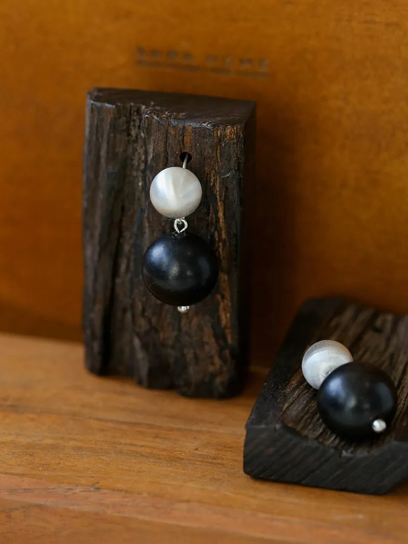 Brushed Ball Ebony Wood Round Bead Drop Earrings