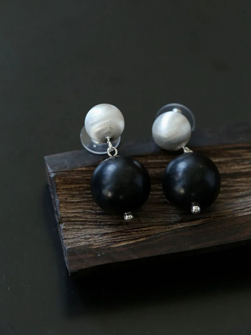 Brushed Ball Ebony Wood Round Bead Drop Earrings