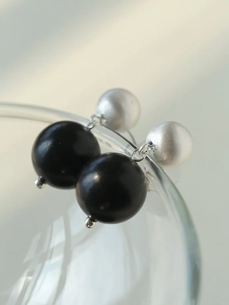 Brushed Ball Ebony Wood Round Bead Drop Earrings