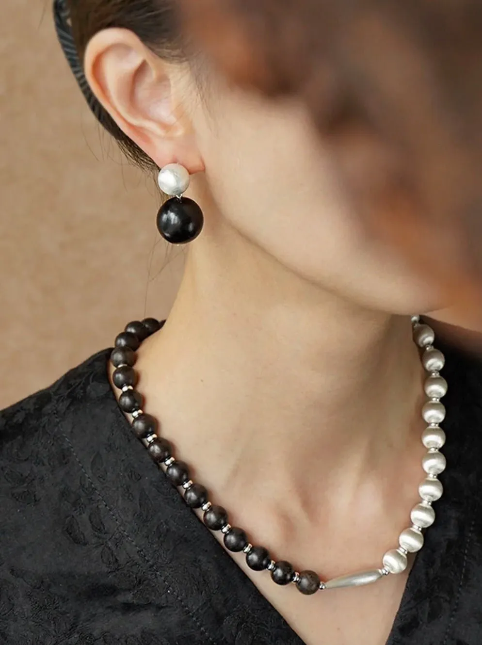 Brushed Ball Ebony Wood Round Bead Drop Earrings