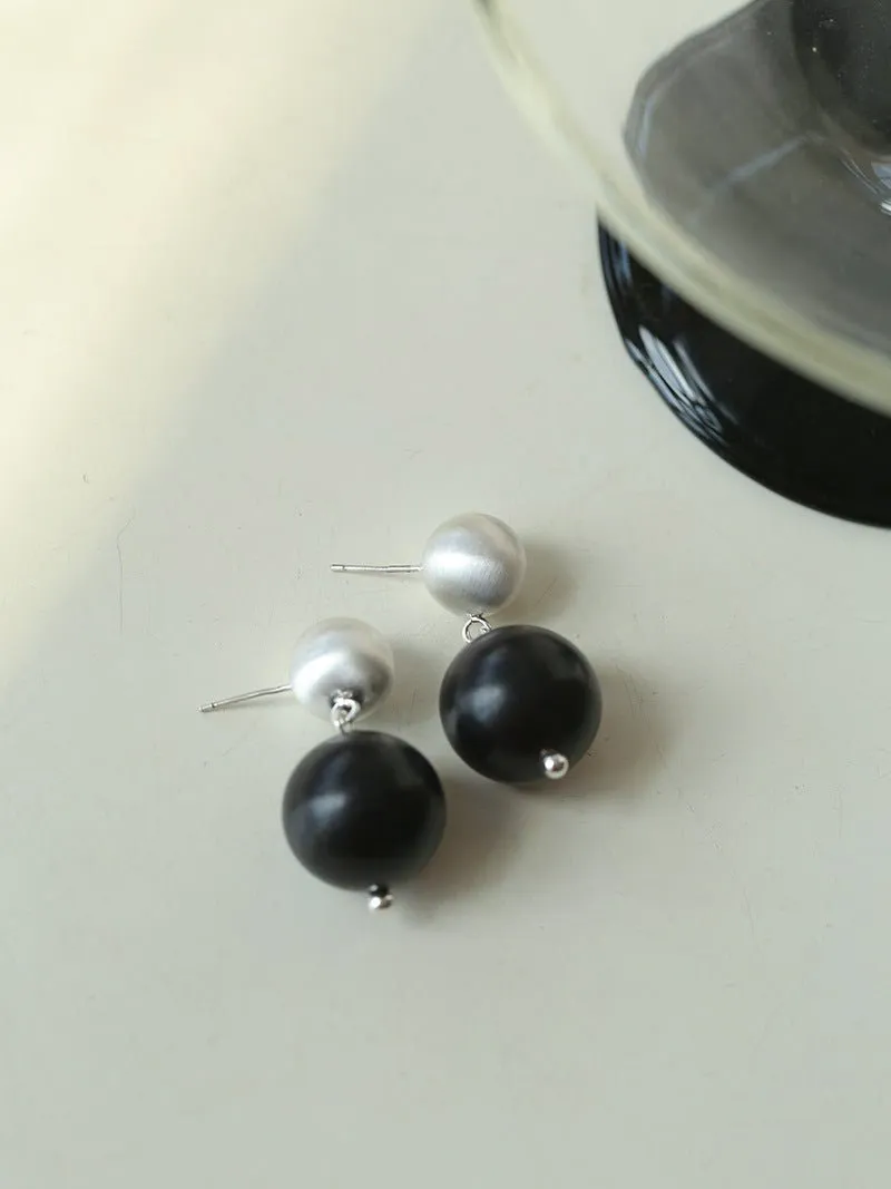 Brushed Ball Ebony Wood Round Bead Drop Earrings