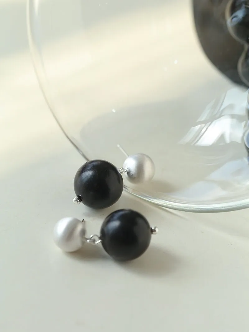 Brushed Ball Ebony Wood Round Bead Drop Earrings