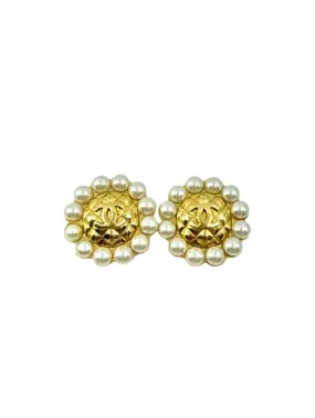 CHANEL Gold Round Quilted Pearl Clip Earrings