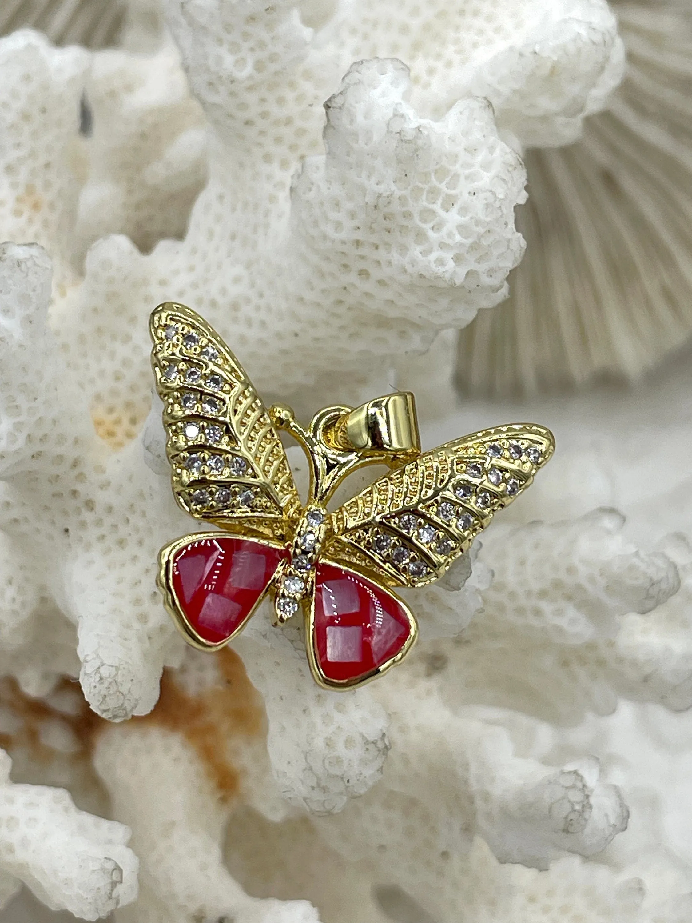 Colorful Enamel and Gold Butterfly Pendants with CZ, Gold Butterfly Charm, 5 Colors, Enamel and Gold Plated Brass Pendants, Fast Ship.