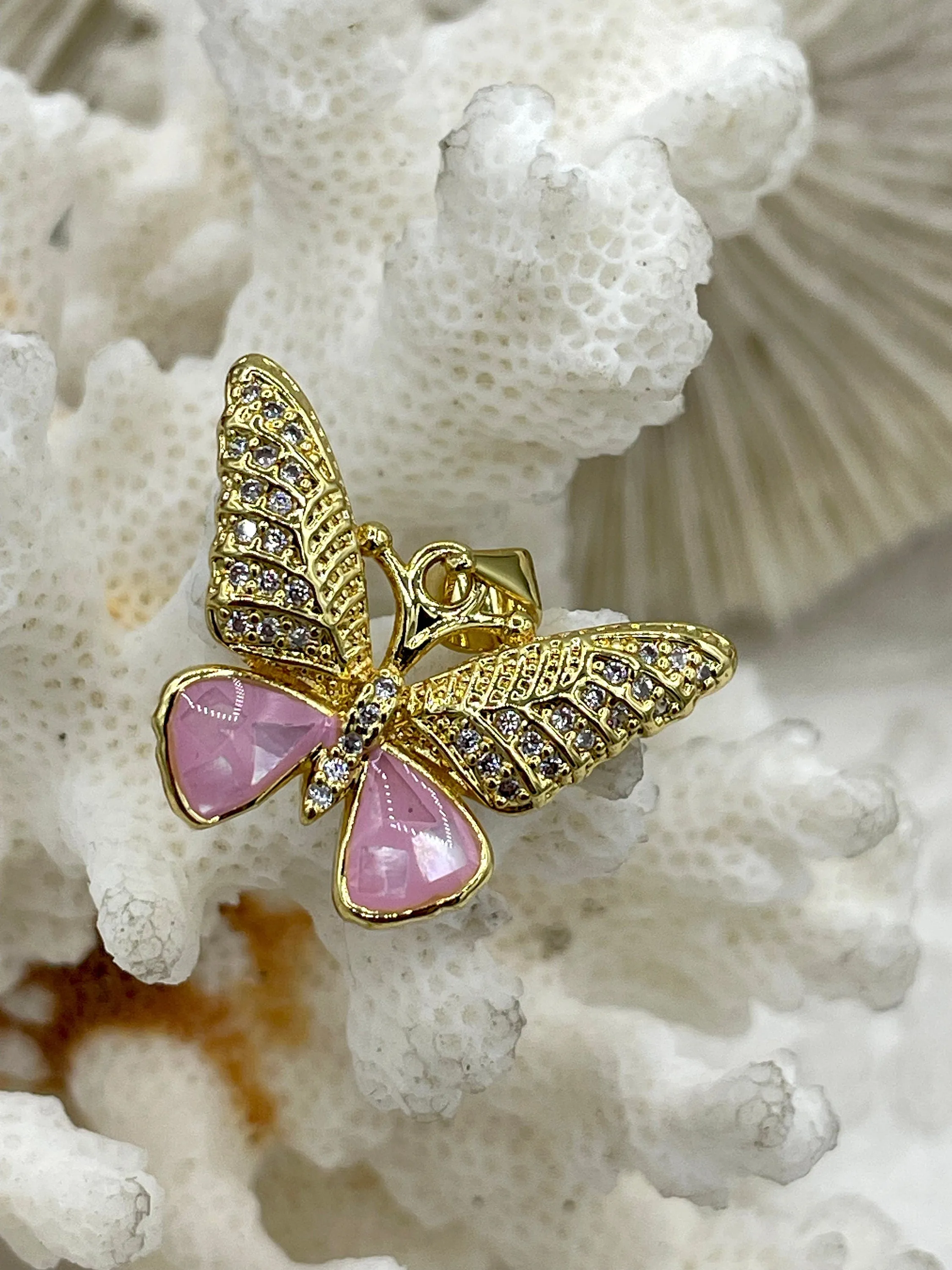 Colorful Enamel and Gold Butterfly Pendants with CZ, Gold Butterfly Charm, 5 Colors, Enamel and Gold Plated Brass Pendants, Fast Ship.