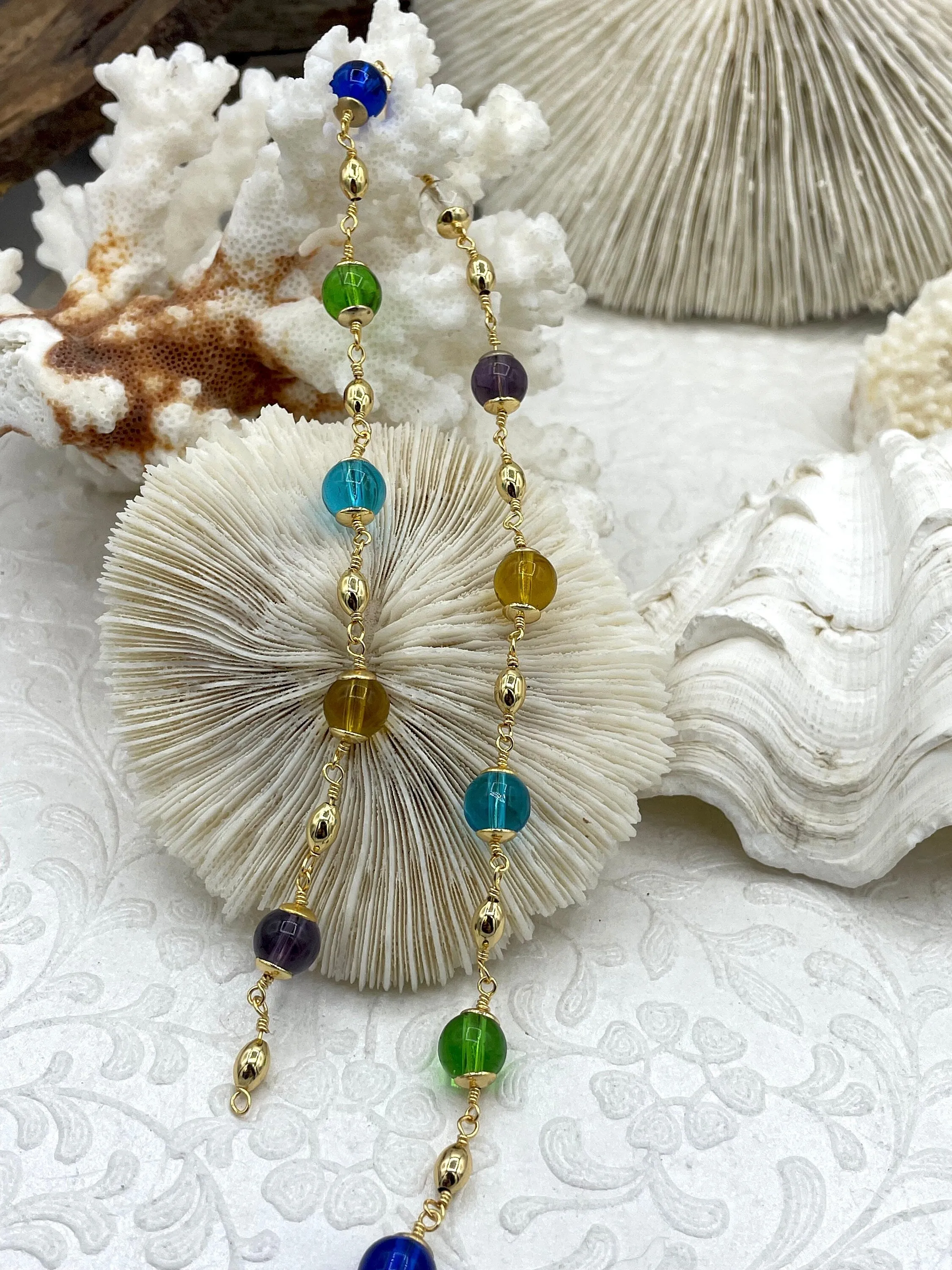 Colorful Round Glass Beaded Rosary, 18K Gold Plated Brass Chain, glass beads, Beaded Chain with gold wire, sold by the foot, Fast Ship