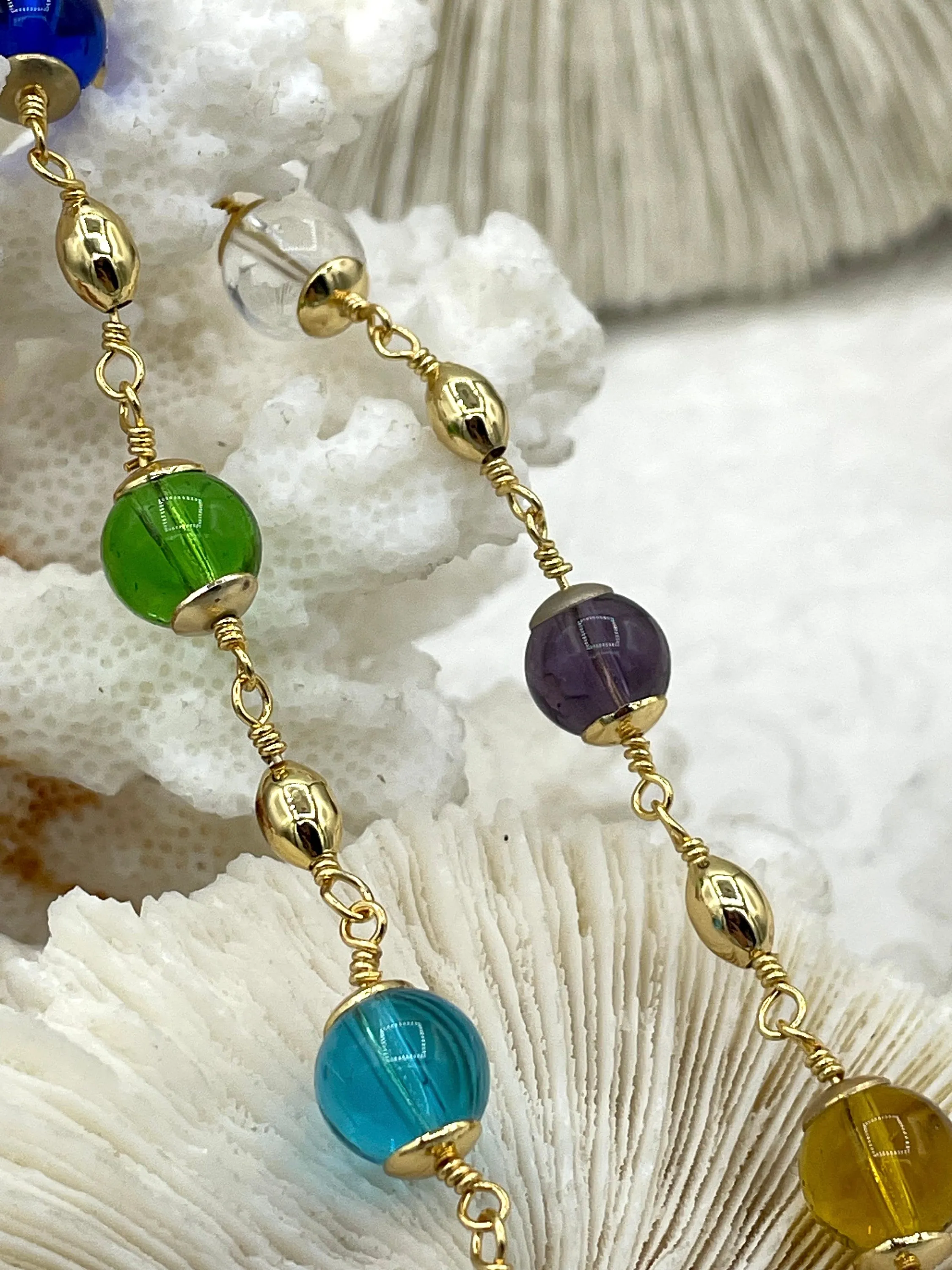 Colorful Round Glass Beaded Rosary, 18K Gold Plated Brass Chain, glass beads, Beaded Chain with gold wire, sold by the foot, Fast Ship