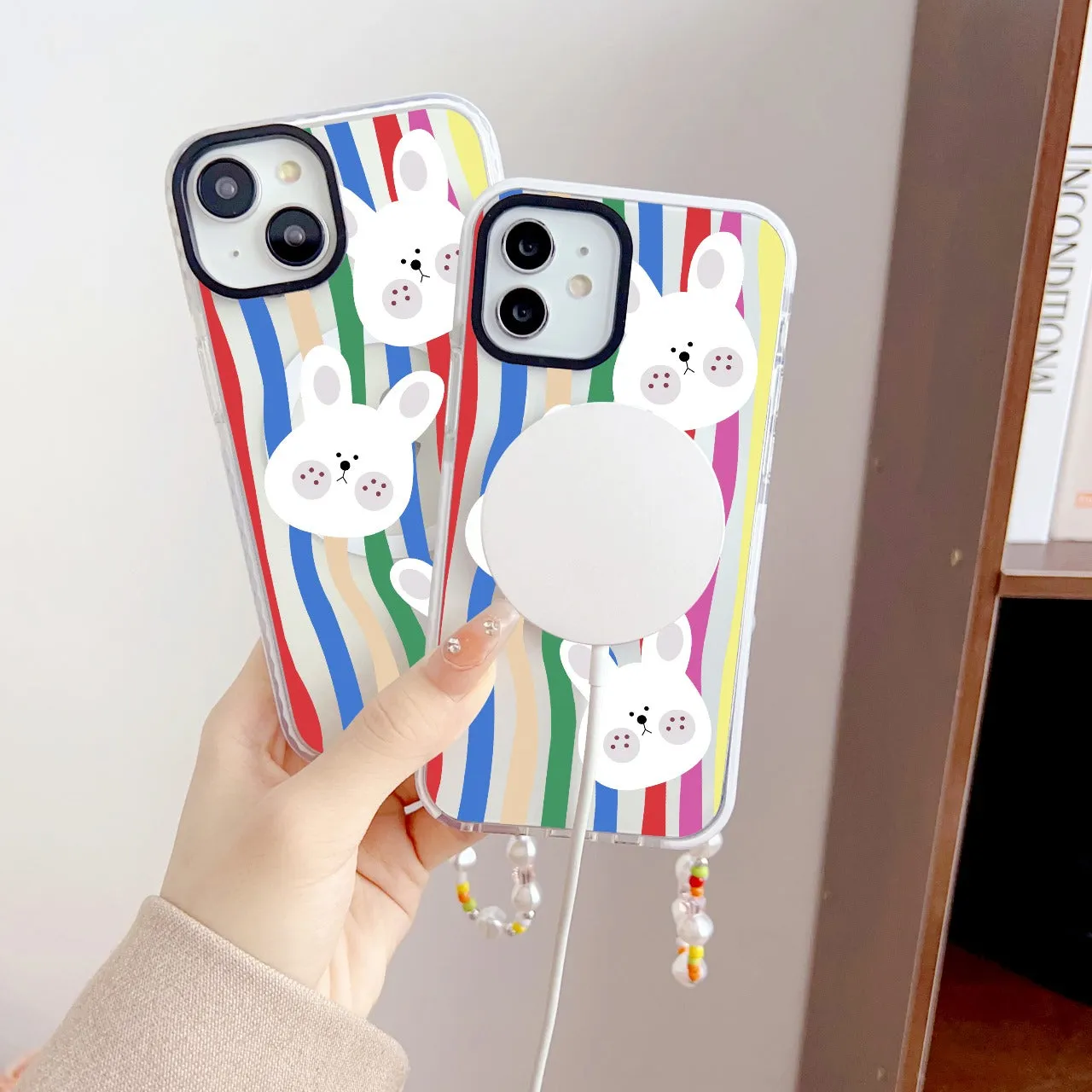 Cute Rabbit Designer Impact Proof Magsafe Case for iPhone With Colorful Beaded Charms