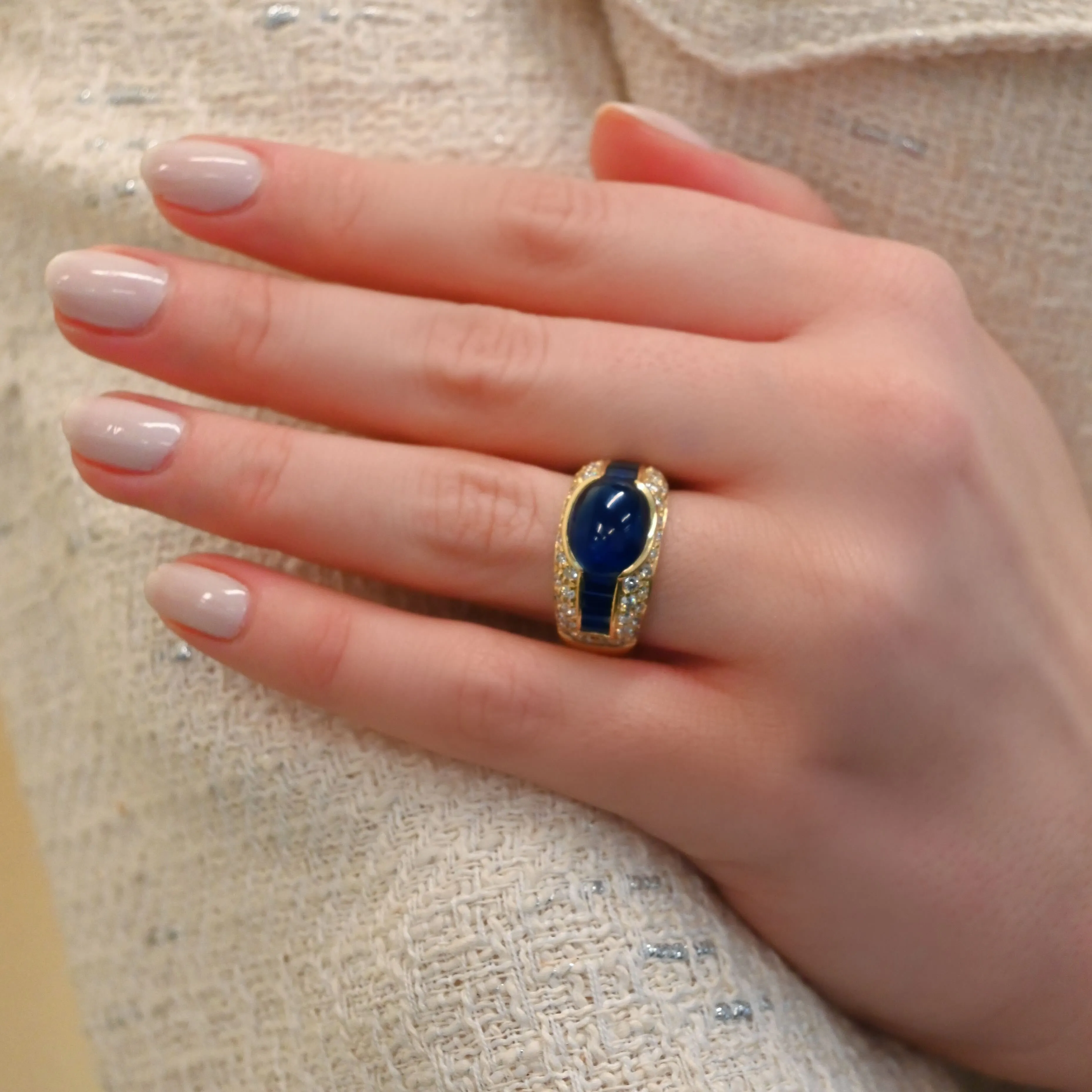 Estate Blue Sapphire Cabochon Ring with Baguette Side Stones