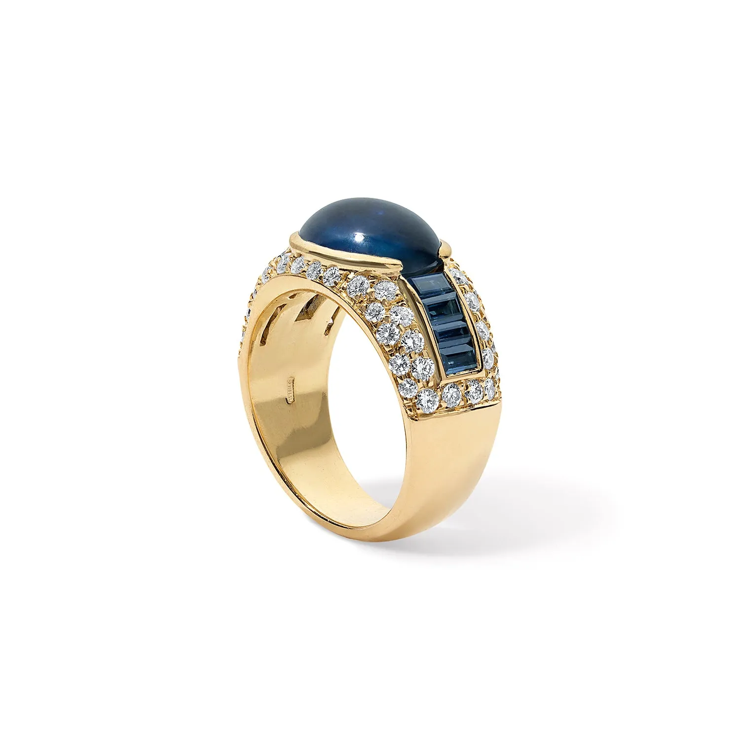 Estate Blue Sapphire Cabochon Ring with Baguette Side Stones