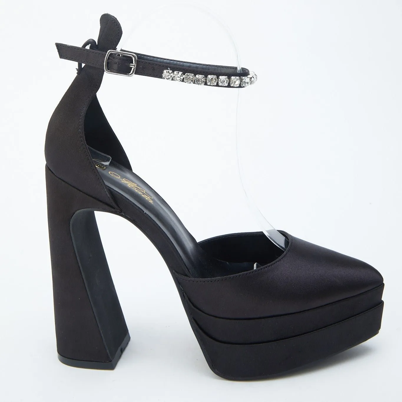 FRAGRANCE Black Satin Heel Pointy Closed Toe