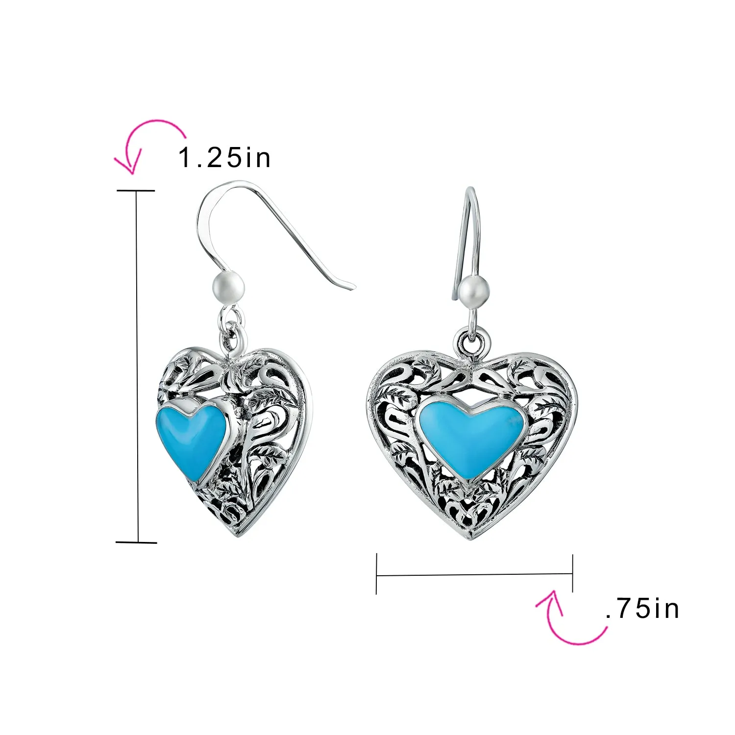 Gemstone Scroll Filigree Turquoise Heart Dangle Earrings .925 Silver