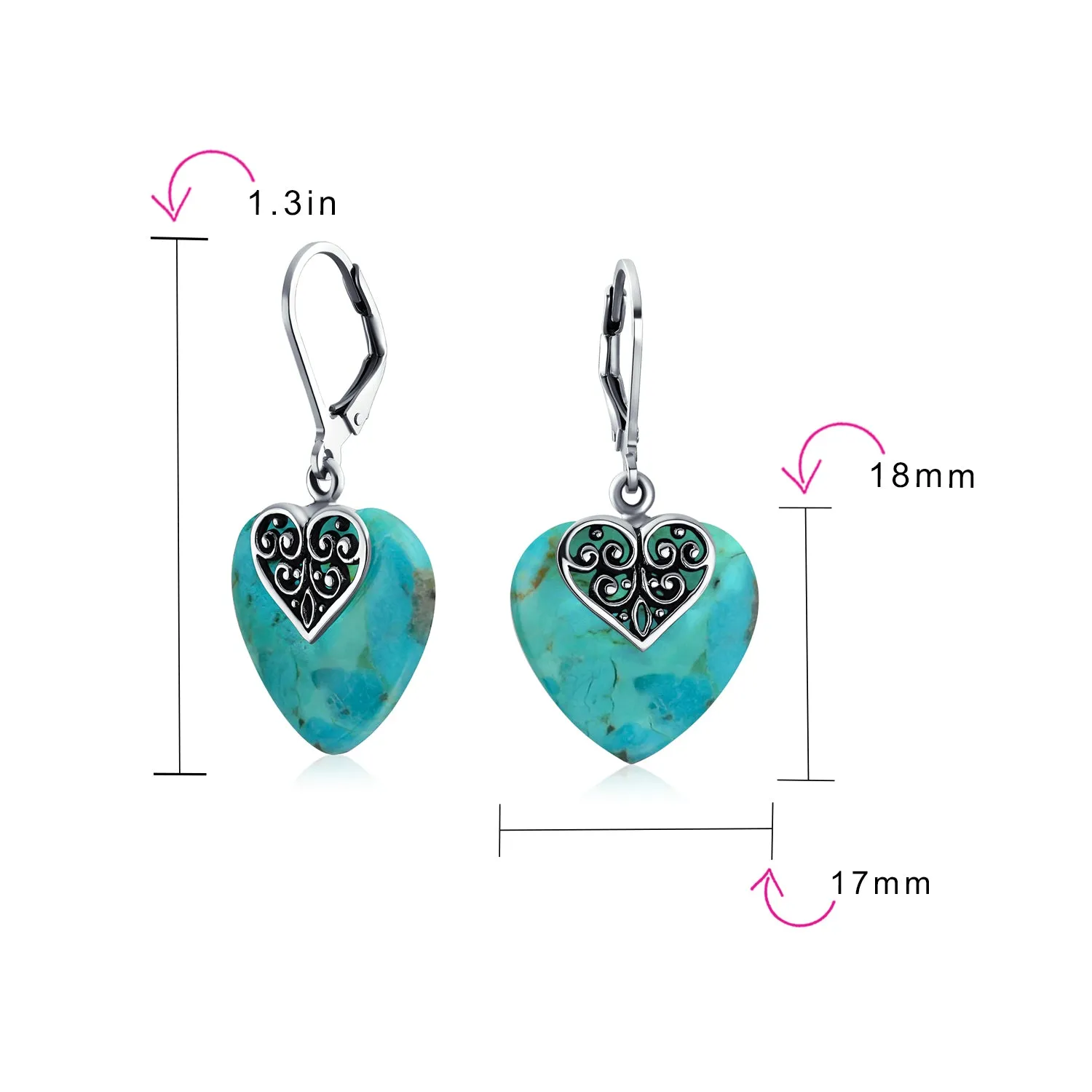 Gemstone Scroll Filigree Turquoise Heart Dangle Earrings .925 Silver