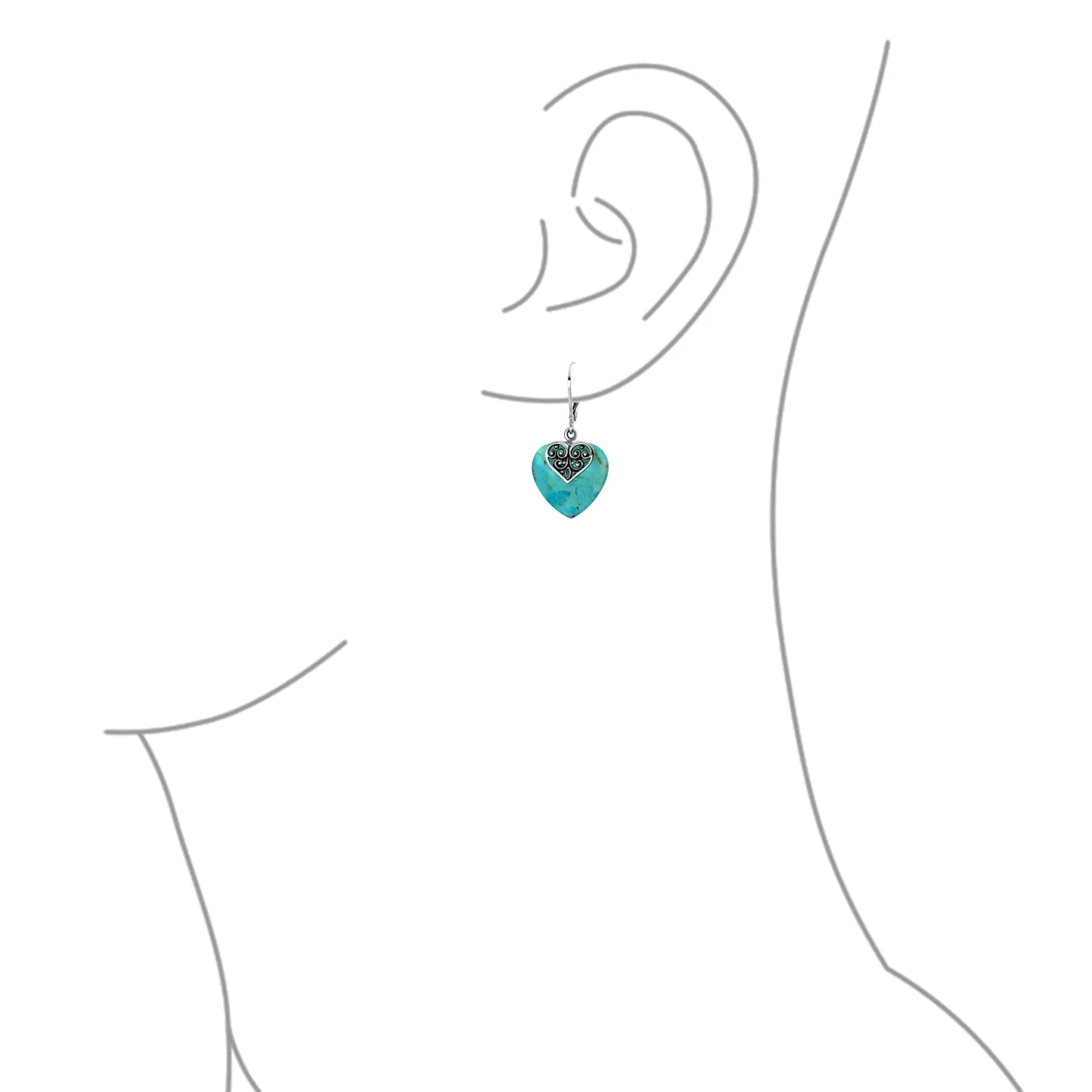 Gemstone Scroll Filigree Turquoise Heart Dangle Earrings .925 Silver