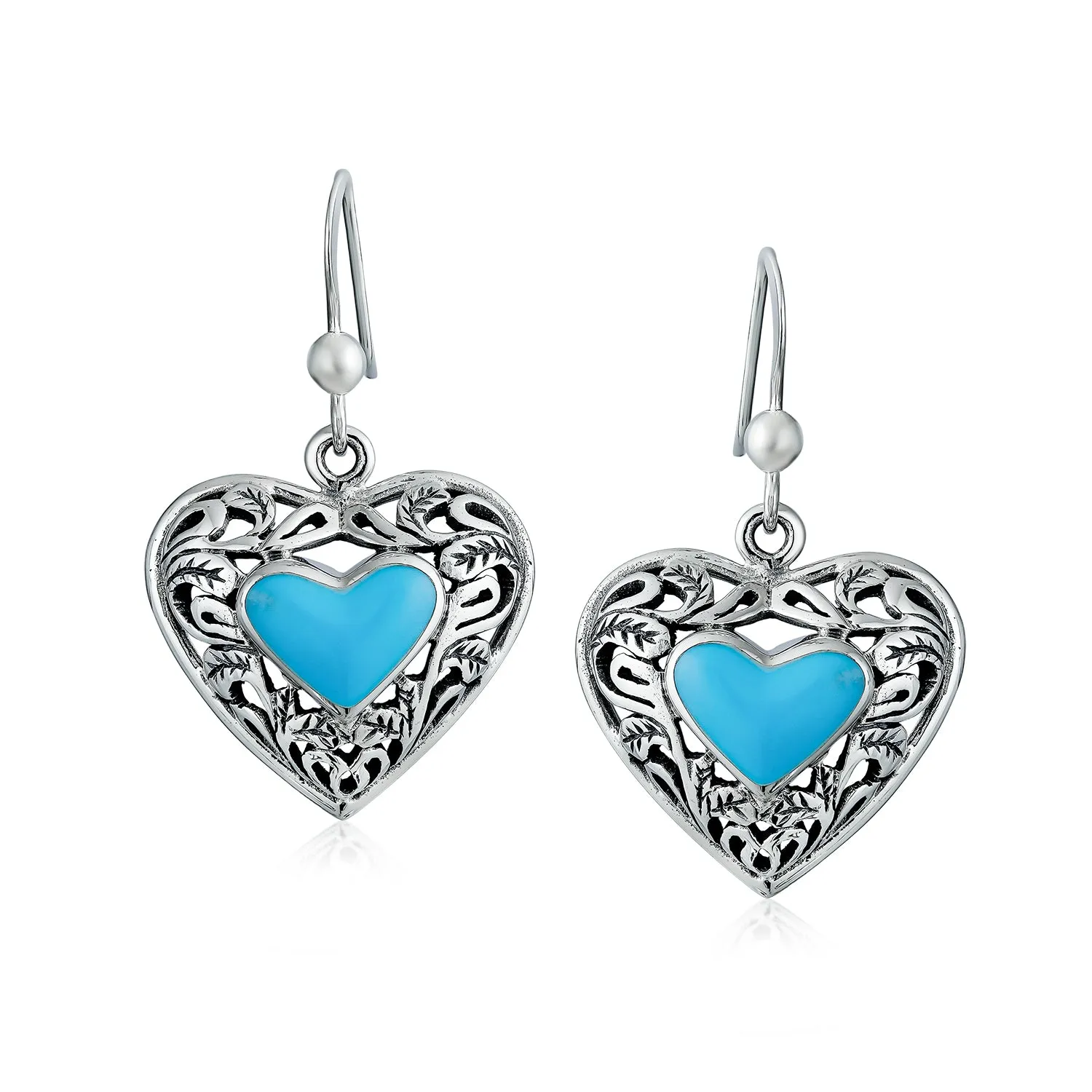 Gemstone Scroll Filigree Turquoise Heart Dangle Earrings .925 Silver