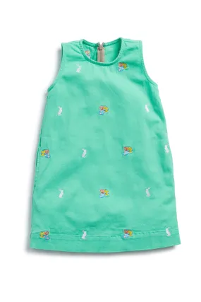 Girls Shift Dress Stretch Twill Spring Green with Easter Eggs & Bunny