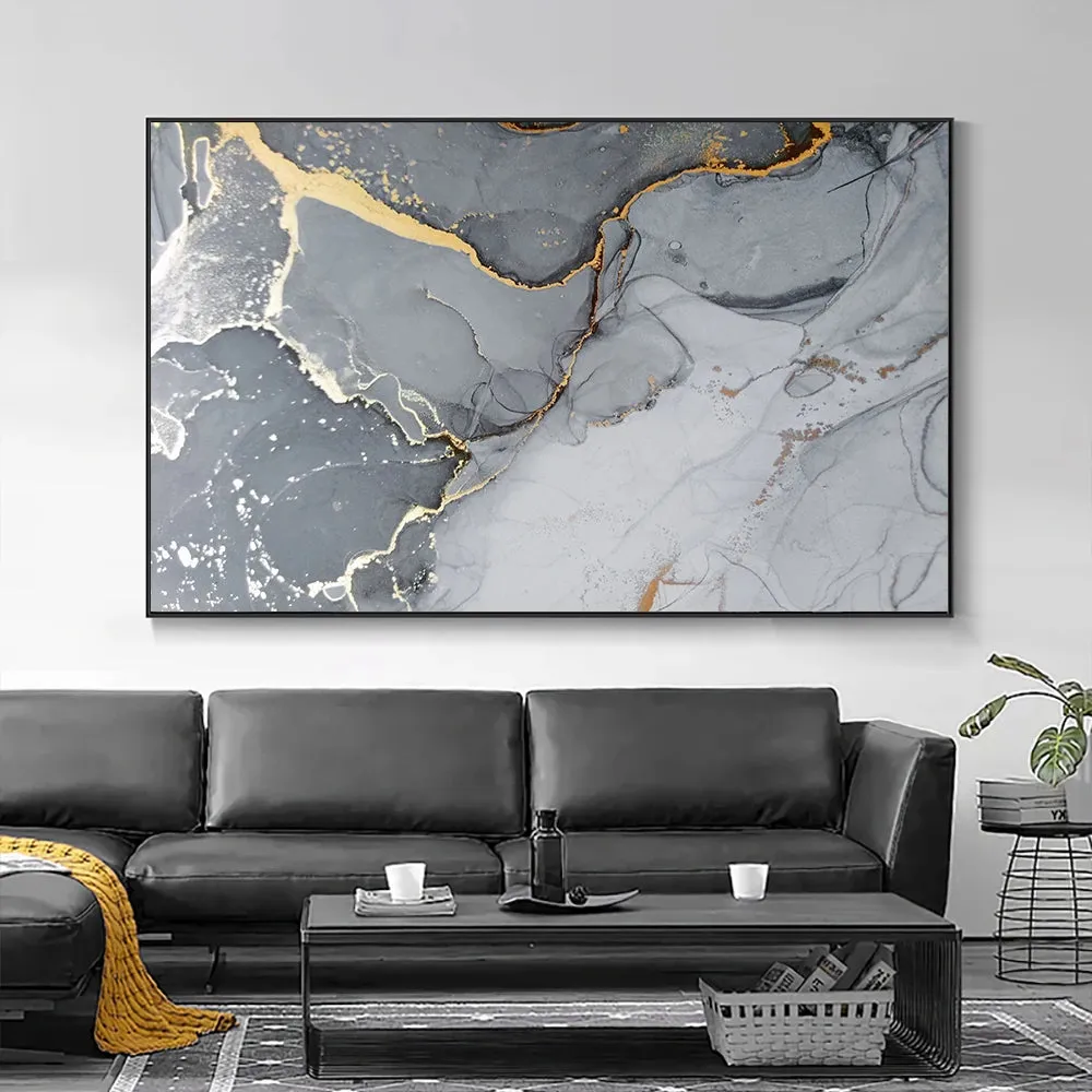 Golden Veined Grey Marble Slab Wall Art Fine Art Canvas Print Poster Abstract Picture For Above The Sofa Modern Living Room Decor