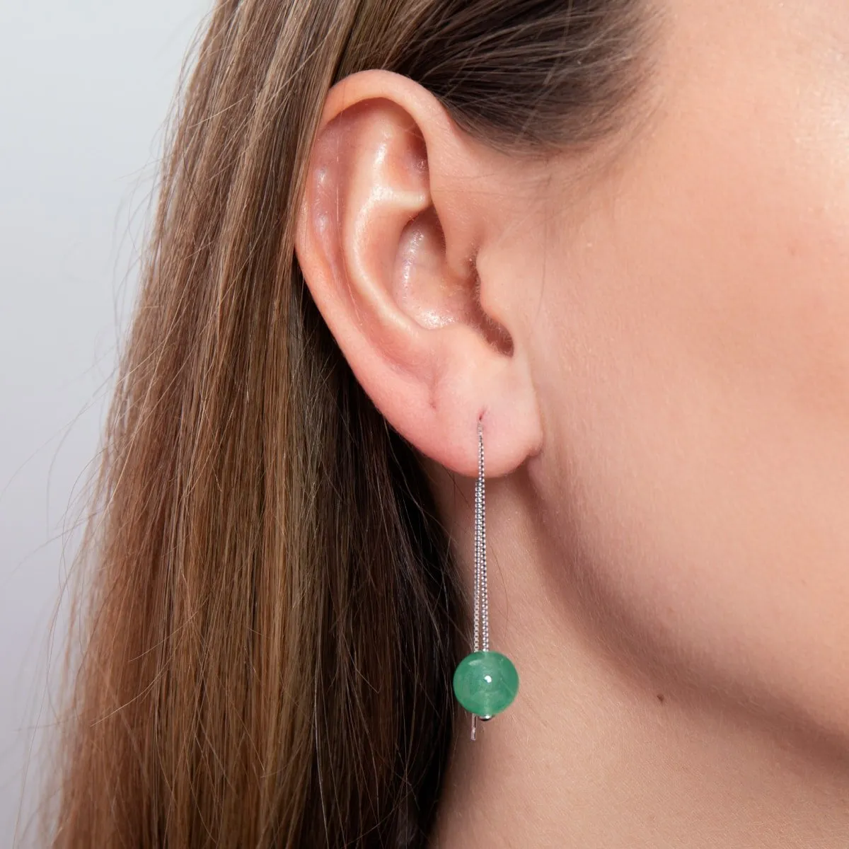 Green Jade | .925 Sterling Silver | Gemstone Chain Drop Threader Earrings