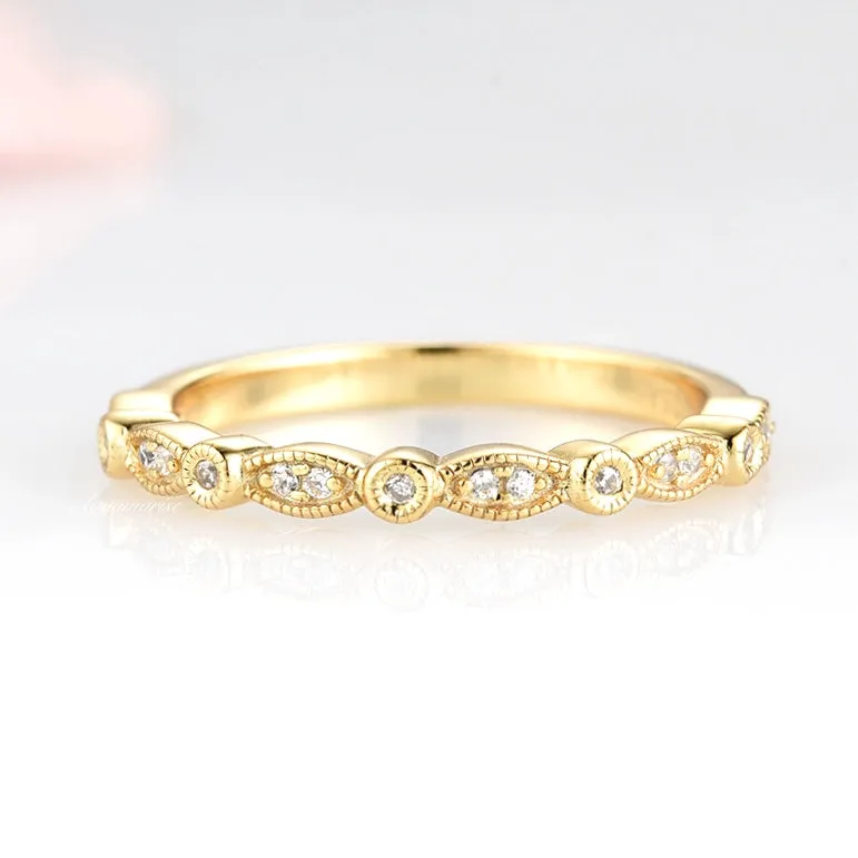 Luxe Vintage Diamond Wedding Band- 10K/ 14K/ 18K Solid Yellow Gold