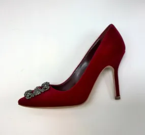 Manolo Blahnik Dark Red Velvet Hangisi 105 Heels Rhinestone Buckle Shoes Burgundy