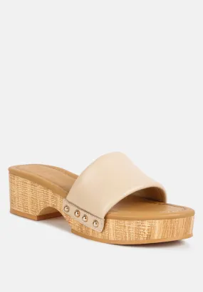 MINNY Textured Heel Leather Slip On Sandals in Beige