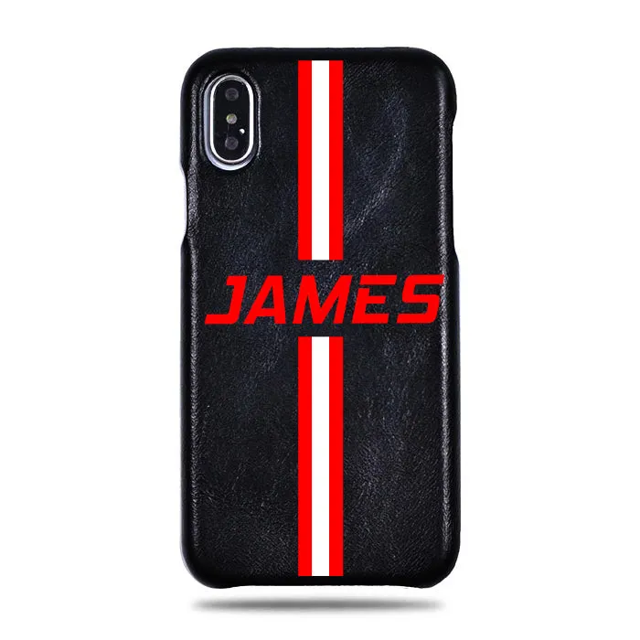 Personalized Red Stripe iPhone Xs Max Black Leather Case