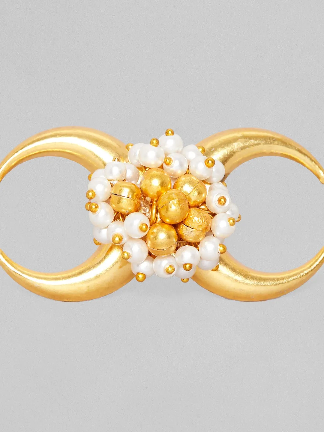 Rubans 24K Gold Plated Handcrafted Ring With Pearls, Golden Beads And Moon Design