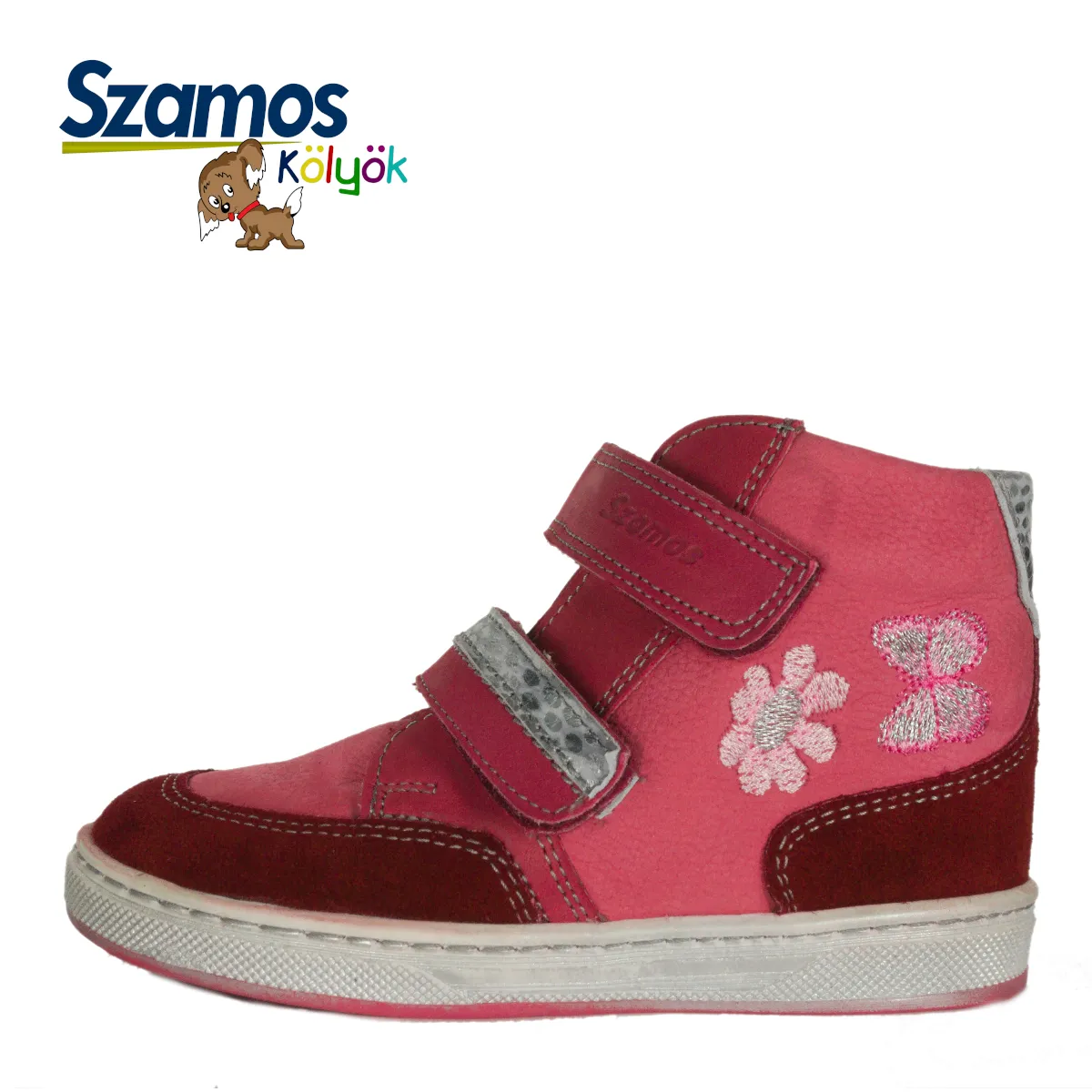 Szamos kid girl high-top shoes pink with red details and butterfly flower decor toddler/ little kid size