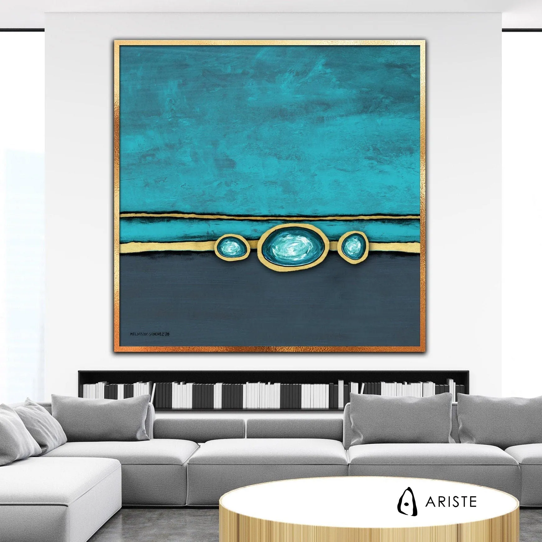 Teal blue & gold abstract oversized wall art made to order in a custom size