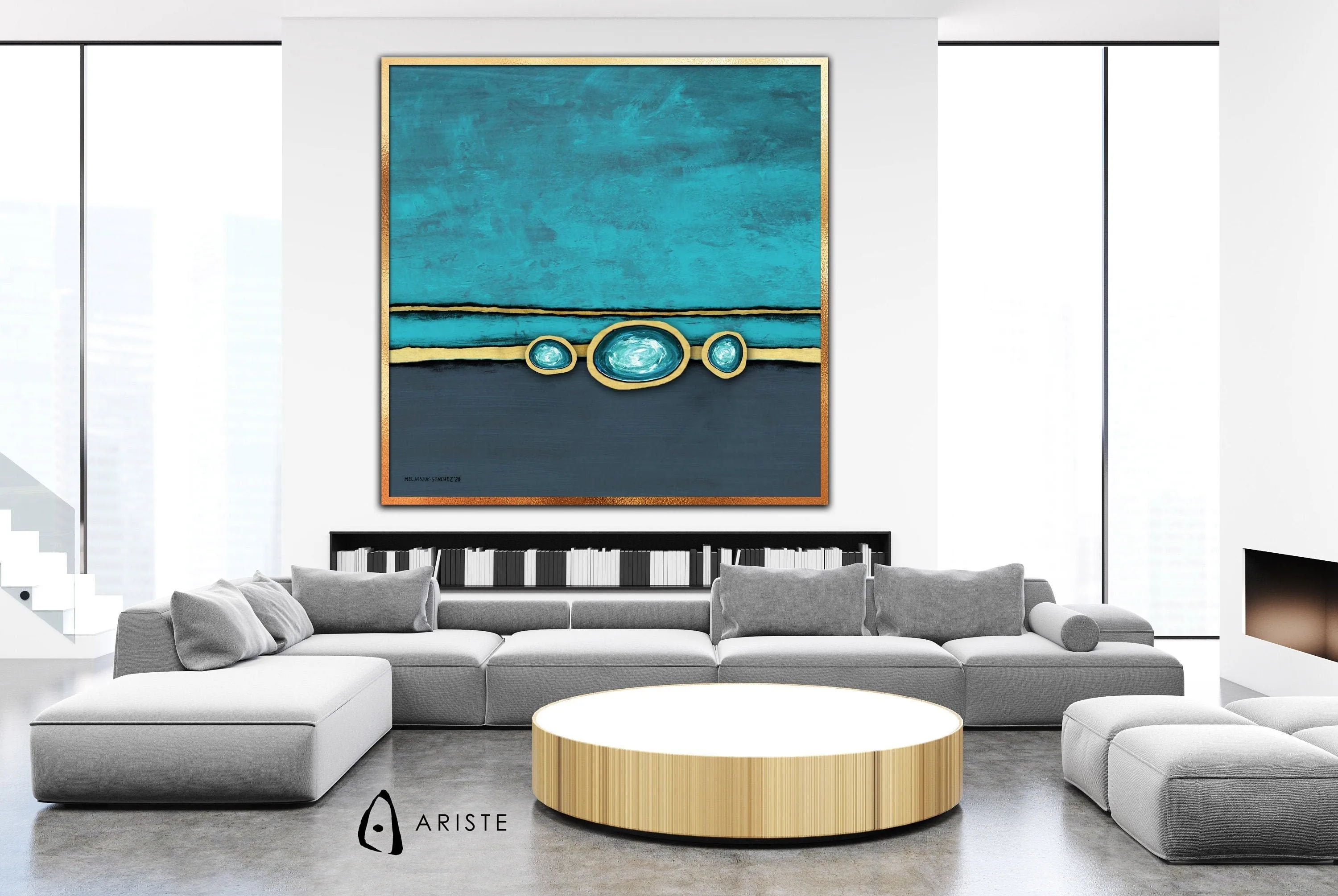 Teal blue & gold abstract oversized wall art made to order in a custom size