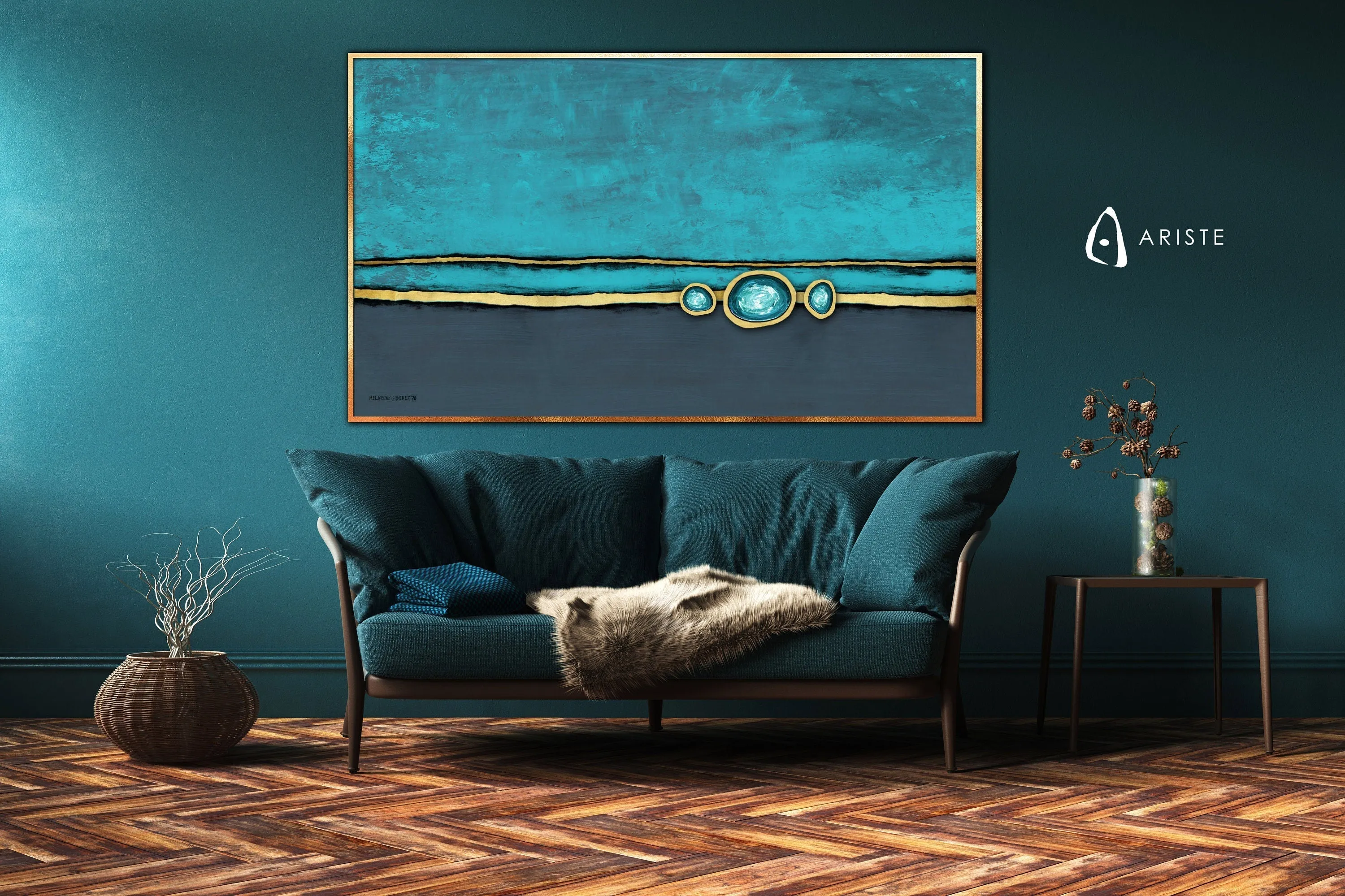 Teal blue & gold abstract oversized wall art made to order in a custom size