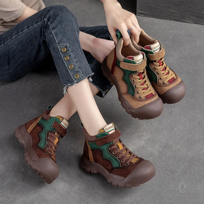 Women Pigskin Leather High Top Velcro Casual Shoes